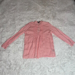 Lauren Ralph Lauren Linen Pink Pleated Open Front Key Hole Long Sleeve Blouse